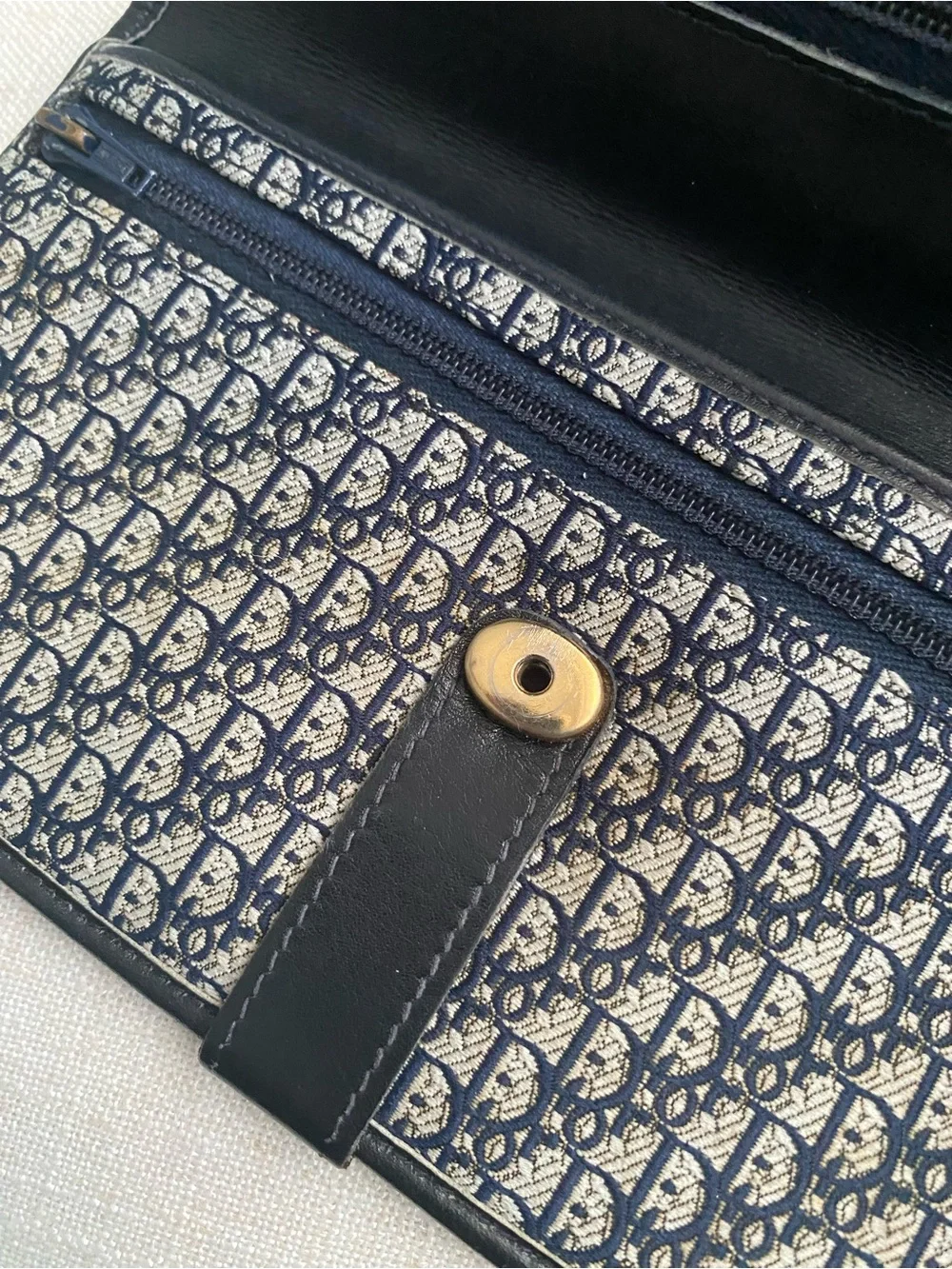 Vintage Christian Dior Clutch Wallet EUC Strap Added Navy Canvas/Leather Bag